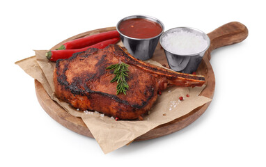 Board with tasty marinated meat, rosemary, chili and spices isolated on white