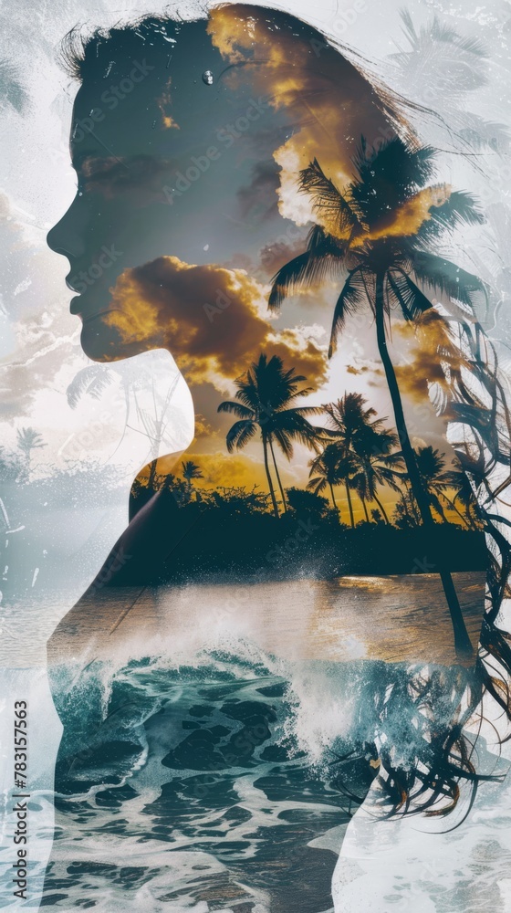 Poster A double exposure showing a womans face superimposed with palm trees in the background, creating a unique and artistic visual effect.
