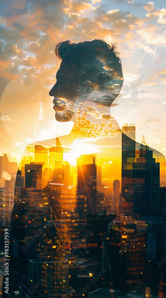 Poster a double exposure image featuring a mans face superimposed over a bustling cityscape. the mans featu