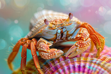 A crab is shown in a close up of its face. The crab is orange and white in color