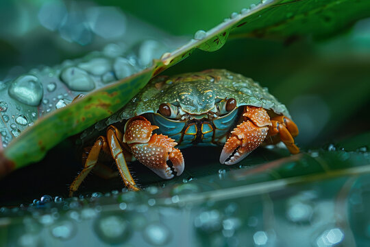 A crab is hiding under a leaf. The leaf is wet and the crab is brown and orange