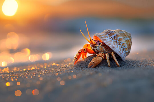 A small crab is sitting on the sand, with its shell open