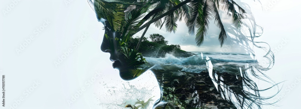Poster A close-up view of a womans face with a vibrant palm tree in the background, creating a double exposure effect. The womans features are distinct, with the palm tree blending seamlessly into the compos