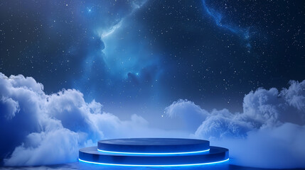 Naklejka premium 3d blue podium on background of clouds and stars, space for product presentation, night sky background with fog 16:9