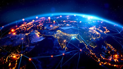 The focal point of the digital world extends from Asia to the Middle East, embodying the interconnectedness of global networks. It symbolizes the seamless transfer of data.