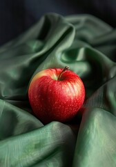 A red apple against green silk fabric.