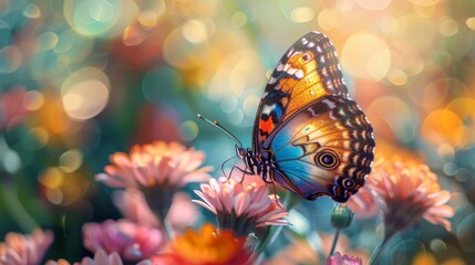 Colorful butterfly perched on a flower in a bokeh light background
 - obrazy, fototapety, plakaty