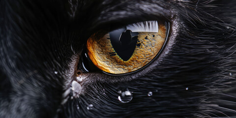 A close-up of a cat face and eye with a drop of liquid. Eye drops for pets, slensotility and allergies in cats. - obrazy, fototapety, plakaty