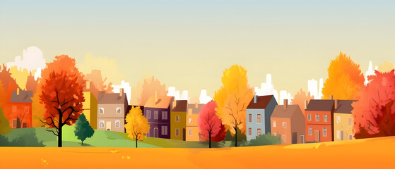 Cartoon drawing of a cozy city in autumn. A landscape drawing with a small beautiful city.	 