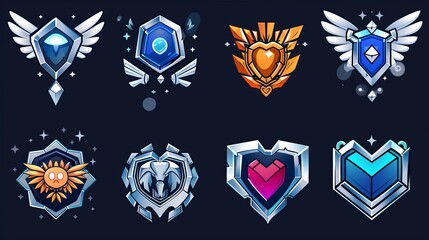 The set of game rank badges with hearts is isolated on a white background. Modern cartoon images of silver pentagonal progress medals with chevrons and metal wings. Life, power, energy symbols. Gui - obrazy, fototapety, plakaty