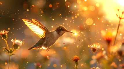 Backlit hummingbird feeding on wildflowers at golden hour

