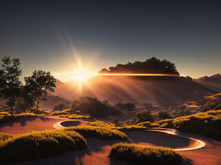 A sunrise over a desert landscape with sand dunes and trees in the foreground. - obrazy, fototapety, plakaty