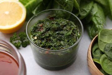 Fresh homemade marinade in bowl on table, closeup