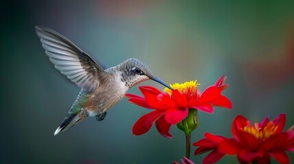 Fototapeta premium Hummingbird feeding on a red flower in a colorful garden