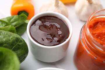 Fresh homemade marinade in bowl on table, closeup