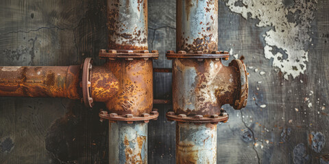 Close-up Old rusty pipes in an apartment. Renovation of dilapidated housing, replacement of plumbing and pipes. 