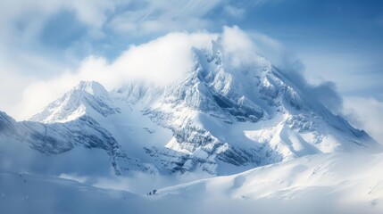 A mountain peak covered in a blanket of snow, set against a backdrop of heavy clouds in the sky. The snow-capped mountain creates a stark contrast against the dark clouds above.