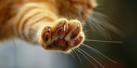 Cute fluffy cat's paw with extended sharp claws, copy space.