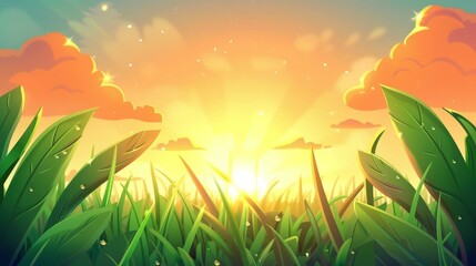 Grass under orange sunrise sky. Morning dew drops sparkle in the sun. Dramatic sunset skyline with golden clouds. Beautiful nature scene.
