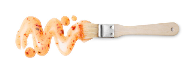 Basting brush with fresh marinade isolated on white, top view - obrazy, fototapety, plakaty