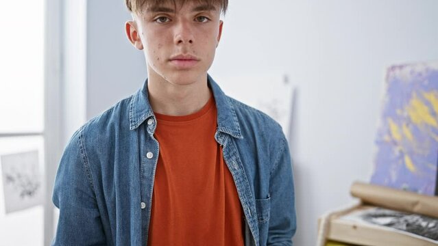 A young man painting in an art studio, with a focused expression and a palette in hand.