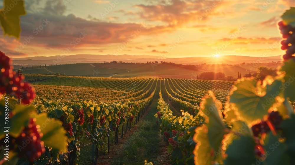 Poster a field of grapes with a beautiful sunset in the background. the grapes are ripe and ready to be har