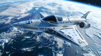 A futuristic tourist shuttle spacecraft orbiting Earth