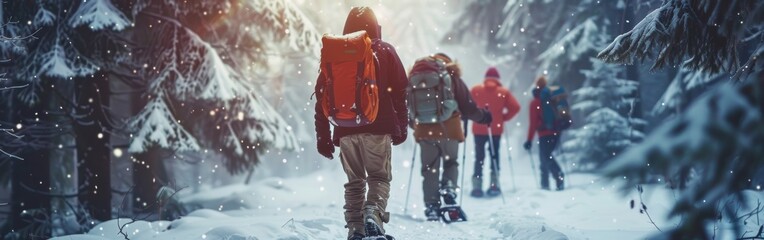 A group of people are walking through the snow in the woods. They are all wearing backpacks and are carrying skis. Scene is adventurous and exciting