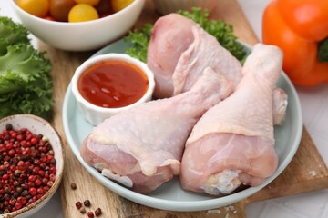 Fresh marinade, raw chicken drumsticks and other products on table, closeup