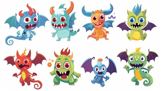Modern illustration of cute alien characters with happy faces, fangs, horns, and sweet cyclope mascot with wings. Comic colorful creatures.