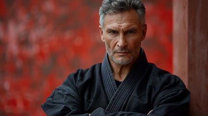 Caucasian aikido master wearing kimono sitting in training room.