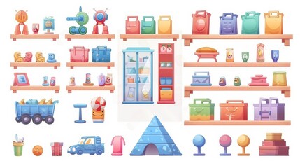 Cartoon icon set with a toy store shelf, a truck ball, a pyramid gift icon. Interior clipart collection with a shopping signboard.