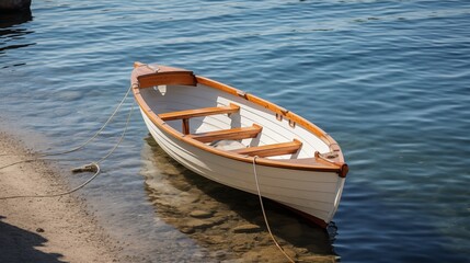 small boat with seating for two, docked by the water's edge, awaits for a tranquil shoreline excursion.
