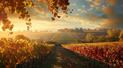The sun sets over the vineyard, casting a warm golden glow over the vines, creating a serene and picturesque scene. The vines are illuminated by the fading light, creating a captivating view of nature