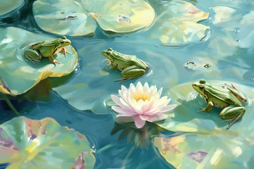 Foto op Canvas Group of Frogs Sitting Among Water Lilies in a Serene Pond Painting © SHOTPRIME STUDIO
