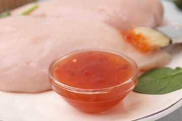 Marinade, basting brush and raw chicken fillets on table, closeup