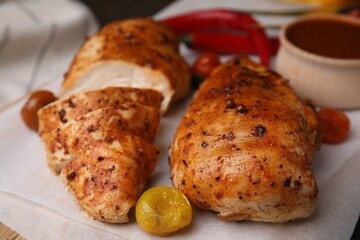 Baked chicken fillets and marinade on table, closeup