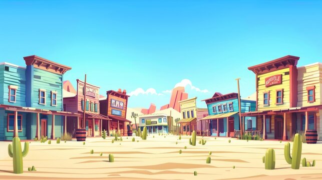A wild west town street with old cowboy saloon building modern background. Cartoon western bank, store, and hotel house in row near road in desert environment. Texas rural outdoor illustration.