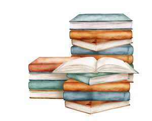 Set of books watercolor illustration isolated on white background. Open and stack of books clipart brown green colors. Vintage old textbooks watercolor hand drawn.