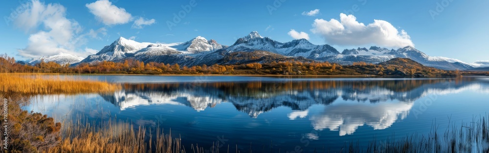 Poster a beautiful lake with mountains in the background. the water is calm and the sky is clear. the refle