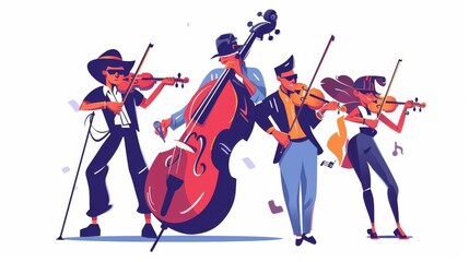 Street musician band people modern illustration. Contrabass player and violinist earn money on a concert or festival. Player group live performance isolated character design icon.