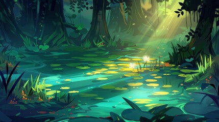 The swamp in the forest. Green fantasy lake water with reeds scene. Wild nature fairytale environment with sunlight beams in summer concept.