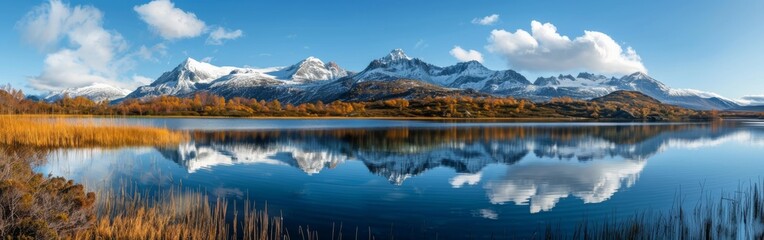 Fototapeta premium A beautiful lake with mountains in the background. The water is calm and the sky is clear. The reflection of the mountains in the water creates a serene and peaceful atmosphere