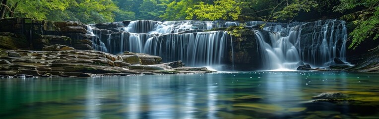 A majestic waterfall cascades down a rocky cliff surrounded by lush green foliage in the middle of...