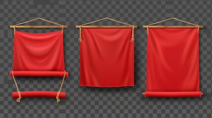 Modern realistic mockup of red canvas banners with horizontal fabric flags and scarlet cloth placards with folds. - obrazy, fototapety, plakaty
