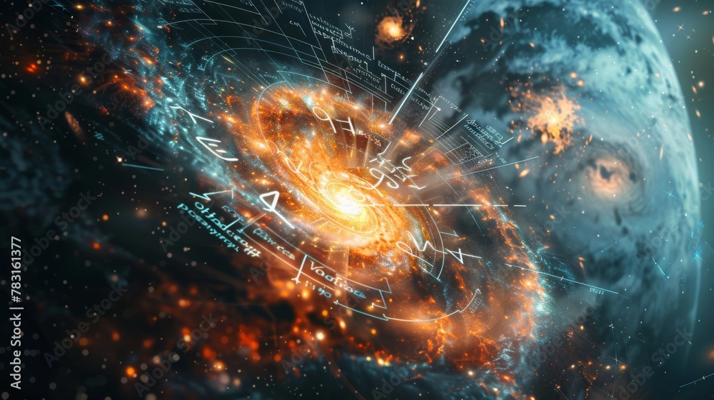 Poster A spiral galaxy with a planet in the background. The galaxy is filled with numbers and letters, and the planet is surrounded by fire. Concept of chaos and destruction