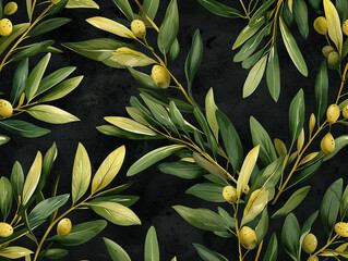 Fototapeta na wymiar The pattern and illustration of the olive fruits and the leaves of the surrounding branches form an interesting and full pattern. Flat lay style.