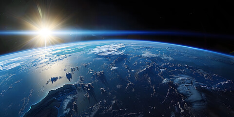 wide shot of the earth from space, blue horizon, black sky, bright sun in upper left corner, cinematic