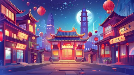 The night sky is filled with stars and the moon as a night scene at a Chinese street in a modern city. Cartoon illustration showing red paper lanterns, urban skyscrapers, old Chinese buildings, tea - obrazy, fototapety, plakaty