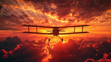A small motor plane is seen soaring through a sky filled with thick clouds. The planes silhouette...